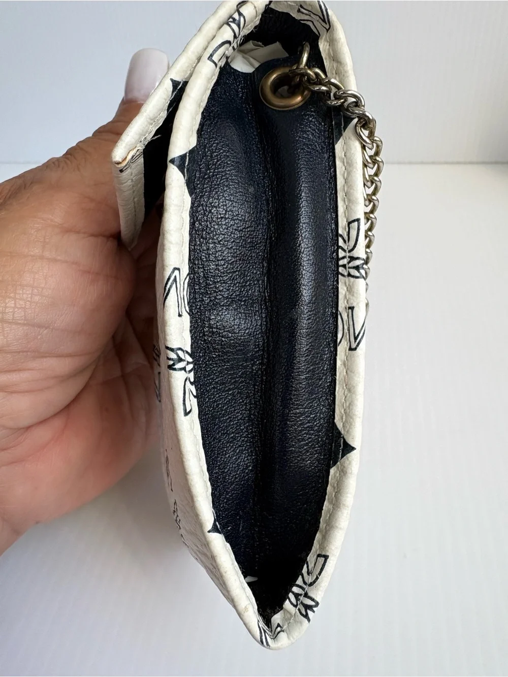 MCM White Leather Logo Key & Card Holder with Black Print